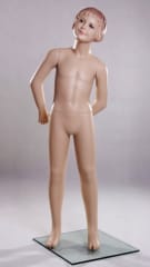 Realistic standing child mannequin made of fiberglass with molded hair and arms behind back on a glass base.