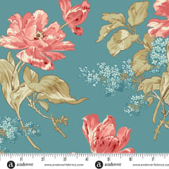 LIGHTHOUSE Front Porch Bouquet Summer Breeze Teal Blue by Laundry Basket Quilts shows a  medium to large scale floral in crisp sand with and  accents of pink,  and  teal blue.
