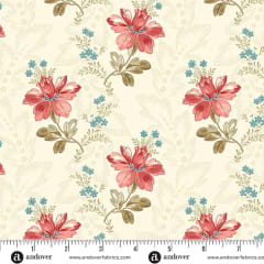 LIGHTHOUSE Bayou in Seashell Cream by Laundry Basket Quilts shows a  small  scale floral in crisp sand with and  accents of pink,  and  teal blue.