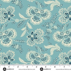 LIGHTHOUSE Allium in Splash Teal Blue  by Laundry Basket Quilts shows a  small  scale floral in crisp sand with and  accents of pink.