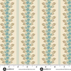 LIGHTHOUSE Enchanted Stripe in Cream with Teal by Laundry Basket Quilts shows a  small  scale floral in crisp red.