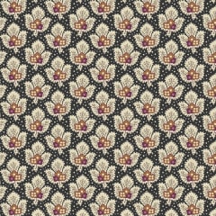 This pretty leafy blender print features a leaf with 3 prongs on a black ground with teeny tiny dots in between.