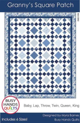 Granny's Square Patch Quilt Pattern by Busy Hands shows a blue and white quilt with a pretty border fabric and simple piecing.