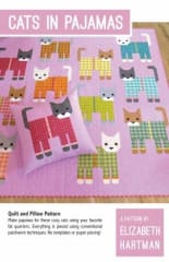 CATS IN Pajamas Quilt Pattern by Elizabeth Hartman shows a pink quilt with mutiple scrappy colored quilts in plaid pajamas.