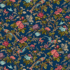 BUCKLEBERRY CHINTZ  Prussian Blue by Michelle Yeo shows a cream floral fabric with flowers and birds.