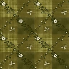 BUCKLEBERRY CHINTZ  Geometrics GREENby Michelle Yeo shows a Red plaid with an overlay of flowers and vines.