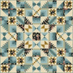 Arizona Dahlia Quilt Pattern by Edyta Sitar, Laundry Basket Quilts shows a dramatic medallion quilt in muted colors of teals, blues, and beige.