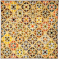 Looking Glass Quilt Pattern by Laundry Basket Quilts shows a vintage pieced quilt made from a large variety of small pieces of fabric in a scrappy color palette.