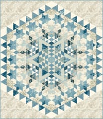 Blue Star Quilt Pattern  by Laundry Basket Quilt shows an interlocking quilt block in cream and shades of blue, and dark navy stars.