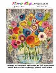 FLOWER SHOP ARRANGEMENT #2 Collage Pattern by Laura Heine shows cut flowers in a clear glass bowl that resembles a fish bowl.