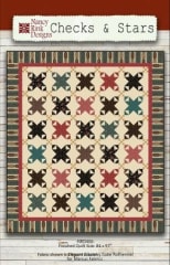 Checks & Stars Quilt Pattern from Nancy Rink Designs shows a scrappy quilt with straight set blocks set with tiny neutral colored nine patch blocks in-between.