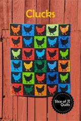 Clucks Quilt Pattern: A Beginner Applique Quilt  shows brightly colored chicken silhouettes in bright solid fabrics.