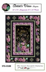 Artist's View Quilt Pattern by Sweet Tea Girls shows a pretty black, lavendar and green quilt made from a panel showing Asian styled flowers on a black background.