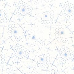 TONGA BLUEBELL BATIK Mist Geo Lines & Dots # B1503-MIST shows an tossed motif of blue squares and dots in a random arrangement of full and partial elements on a white ground.