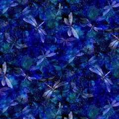 Dragonfly Illusions: Night Tossed Dragonflies & Spots # CD3207-NIGHT shows a  very dark blue, packed dragonfly design in light shades of blue and teal.