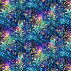 Dragonfly Illusions: Multi Fantasy Leafy Vine  shows a  very dark blue, packed dragonfly design in light shades of blue and teal.