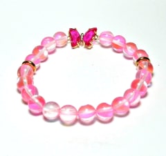 CB-05 STONE 8mm ROUND GLASS MERMAID BEAD BRACELET IN PINK BUTTERFLY DESIGN-7 1/2"