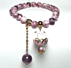 SB-03 STONE 8mm ROUND BEAD BRACELET IN PUPLE CAT DESIGN-7 1/2"