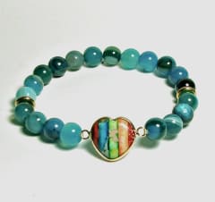 SB-051-STONE 8mm ROUND BEAD BRACELET IN MULTI COLOR  HEART DESIGN-7 1/2"