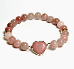 SB-052-STONE 8mm ROUND BEAD BRACELET IN MAUVE HEART DESIGN-7 1/2"