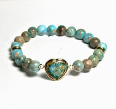 SB-056-STONE 8mm ROUND BEAD BRACELET IN TOUQUOISE COLOR HEART DESIGN-7 1/2"