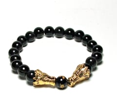 SB-118-STONE 8mm ROUND BEAD BRACELET IN BLACK DOUBLE DRAGON DESIGN-7 1/2"