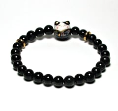 SB6-001-6mm STONE ROUND BEAD BRACELET IN BLACK CAT DESIGN -7 1/2"