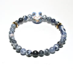 SB6-002-6mm STONE ROUND BEAD BRACELET IN BLUE CAT DESIGN -7 1/2"