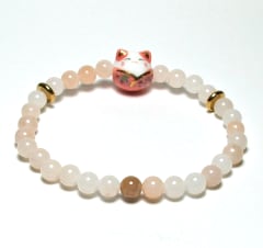 SB6-003-6mm STONE ROUND BEAD BRACELET IN PINK CAT DESIGN -7 1/2"