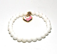 SB6-005-6mm STONE ROUND BEAD BRACELET IN PINK YIN YANG DESIGN -7 1/2"