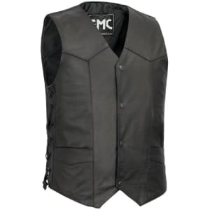 Men's black cowhide western leather vest with side laces and 4-button snap closure, style FMM602BM