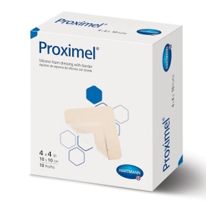 Hartmann Foam Dressing ProximelÂ® 4 X 4 Inch With Border Waterproof Film Backing Silicone Adhesive Square Sterile