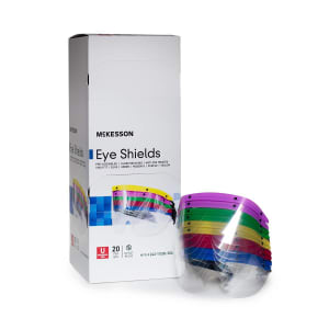 McKesson Brand Eye Shield with Dispenser McKesson Pre-Assembled Anti-fog / Anti-glare / Anti-static Coating Clear Tint Plastic Film Lens Black Frame Over Ear One Siz