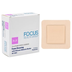 Focus Health Group Foam Dressing ZeniFOAM Gentle Border 3 X 3 Inch With Border Waterproof Backing Silicone Face and Border Square Sterile