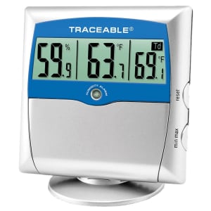 Cole-Parmer/Antylia Scientific Digital Thermometer / Hygrometer with Alarm TraceableÂ® Fahrenheit / Celsius 14Â° to 140Â°F (-10Â° to +60Â°C) Solid State Sensors Free-standing / Wall Moun