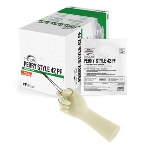 Ansell Surgical Glove ENCOREÂ® PerryÂ® Style 42Â® PF Size 9 50 Pairs per Box Sterile Latex Standard Cuff Length Micro-Textured Natural Chemo Tested