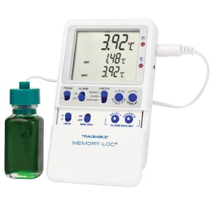 Cole-Parmer/Antylia Scientific Datalogging Refrigerator / Freezer Thermometer with Alarm TraceableÂ® Memory-Locâ„¢ Fahrenheit / Celsius -58Â° to +158Â°F (-50Â° to +70Â°C) Glycol Bottle Pro