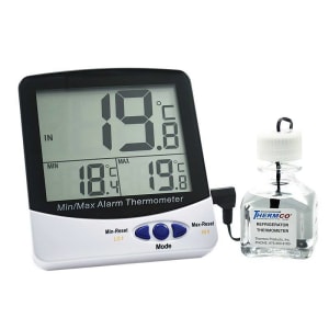 Thermco Products Inc Digital Thermometer with Alarm Fahrenheit / Celsius -58Â° to +158Â°F (-50Â° to +70Â°C) Bottle Probe Flip-out Stand / Wall Mount Battery Operated