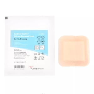 Cardinal 5-Layer Foam Dressing Kendallâ„¢ 3 X 3 Inch With Border Film Backing Silicone Adhesive Square Sterile