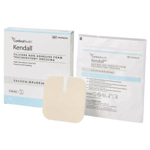 Cardinal Foam Dressing Cardinal Healthâ„¢ Tracheostomy 3-1/2 X 3-1/2 Inch Without Border Film Backing Nonadhesive Tracheostomy Sterile