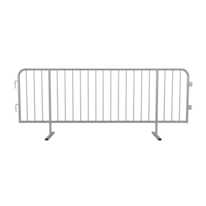 CROWDMASTER PLUS heavy duty steel crowd control barricade with 1-inch OD frame and hot-dip galvanized finish, shown with heavy duty feet for maximum stability.
