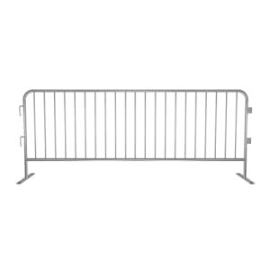 CROWDMASTER HD heavy duty steel crowd control barricade with interlocking hook and loop system and bridge feet, highlighting the hot-dipped galvanized finish.