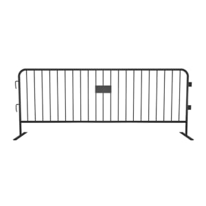 Orange 8.5ft powder coated steel crowd control barricade with flat feet and 21 upright risers, demonstrating high-visibility safety design.