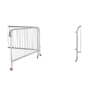 CrowdMaster 6ft steel barricade gate with a secure latch, shown open to allow a utility vehicle access through a galvanized steel barrier line.