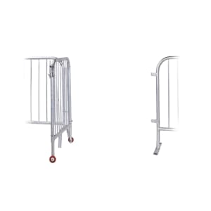 CrowdMaster 3ft steel barricade gate with a secure latch, shown integrated into a line of galvanized steel barriers at a security checkpoint.