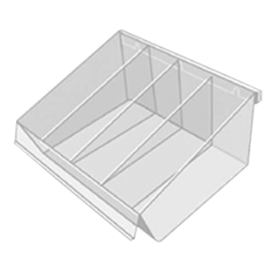 “Crystal clear styrene tray with built-in dividers for small products”