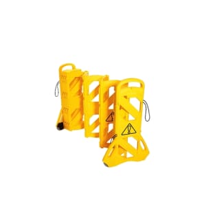 Folded view of the mobile safety barrier, highlighting the 12-inch compact width and the locking straps for storage.