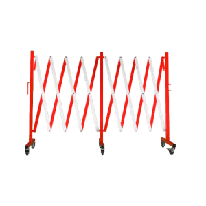 FlexPro-160 16ft steel expanding barricade in red and white, fully extended to secure a wide facility entrance.