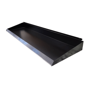 “Heavy-duty black metal display shelf for large retail products”