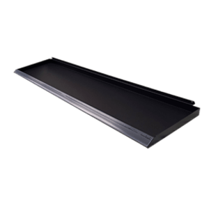 “Black powder-coated steel shelf for merchandising panels”